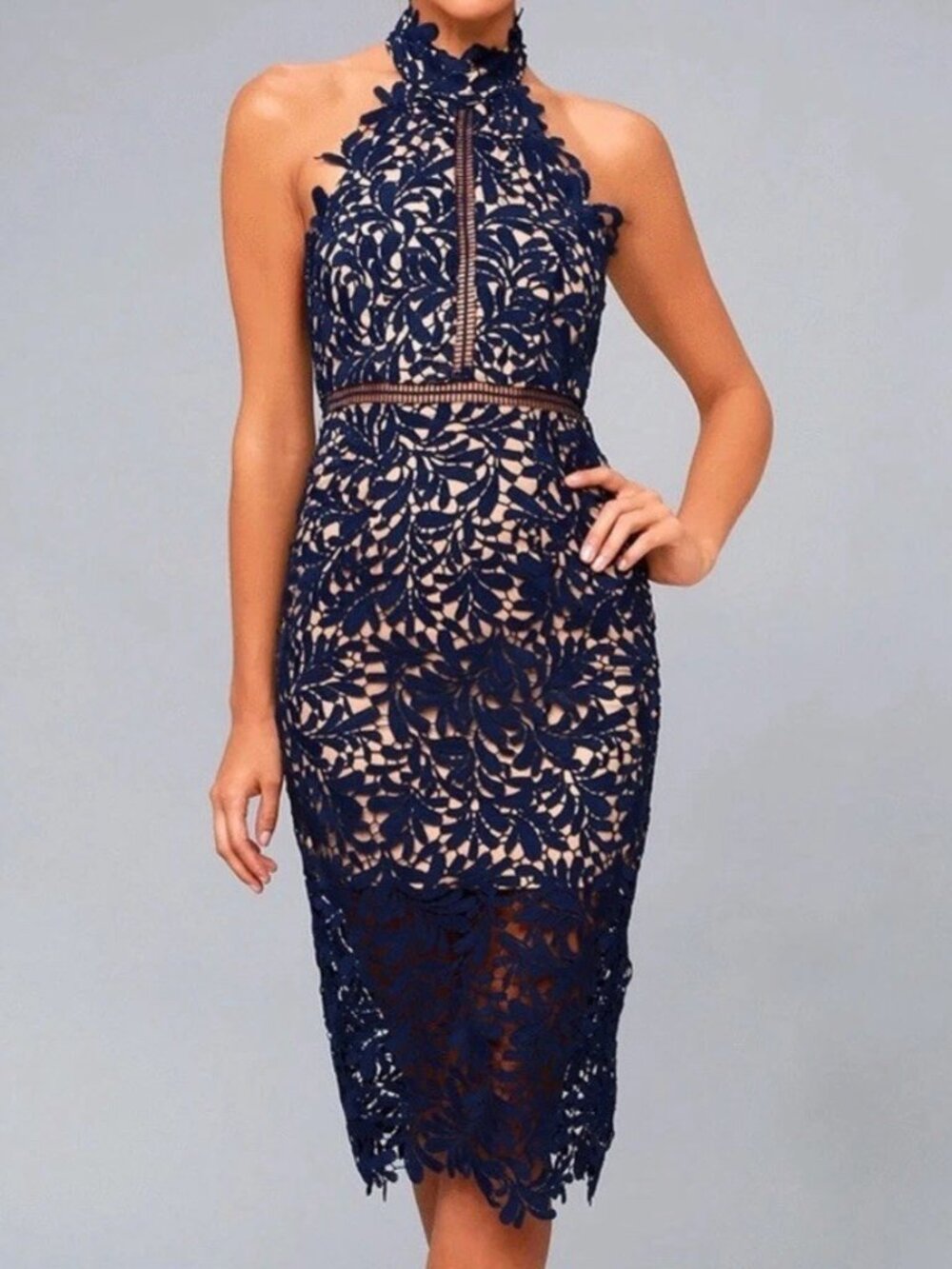 Lulus Divine Destiny Navy Blue Lace Halter Midi Dress Nude Lining Open Back